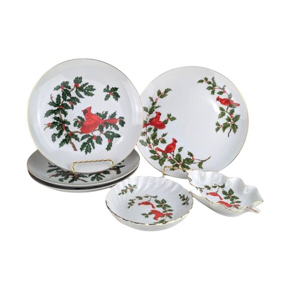 Vintage Lefton Cardinal Christmas Dishes: 6-Piece Porcelain Holiday Set - Picture 8 of 8
